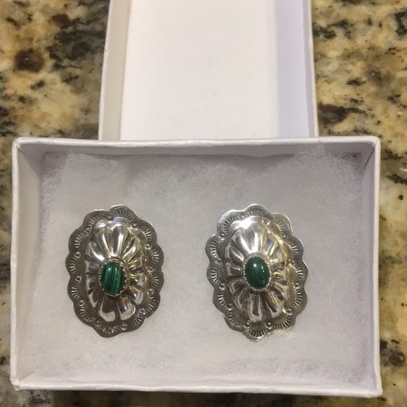 Vintage Navajo Sterling Silver Green Malachite Large Oval Post Earrings Signed - Picture 15 of 16
